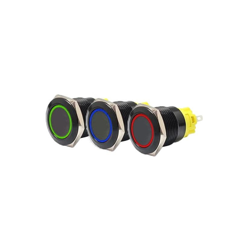 19mm Black Latching Push Button Switch - RGB LED (Green/Red/Blue)