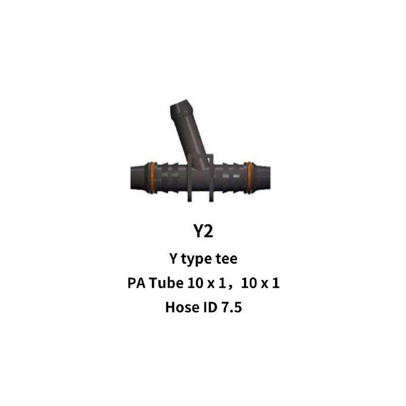 10mm for Nylon Hose to 10mm for Nylon Hose with 7.5mm for Rubber Hose Y-Tee Piece