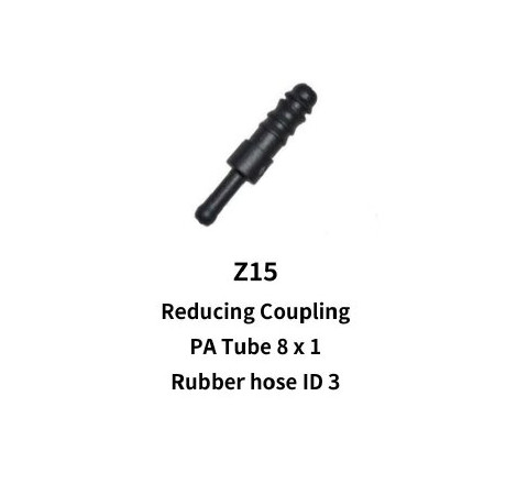 Reducing coupling to 8mm Nylon Hose to 3mm Rubber Hose