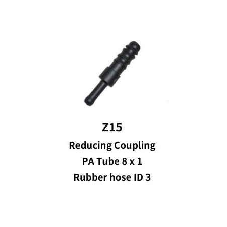 Reducing coupling to 8mm Nylon Hose to 3mm Rubber Hose